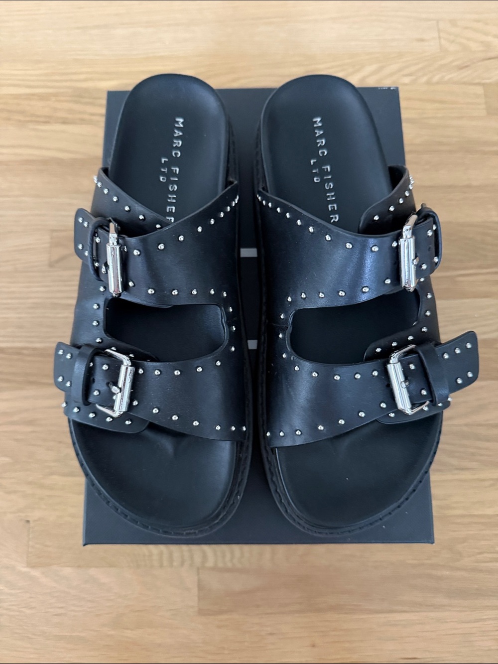 Marc Fisher LTD Black Studded Double-Buckle Slide Sandals Augusta 9.5